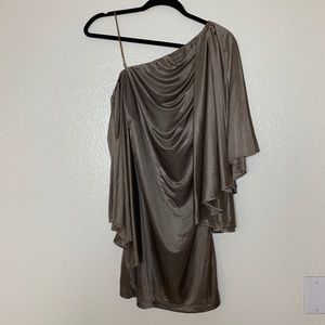 Silky asymmetrical flair sleeve dress.